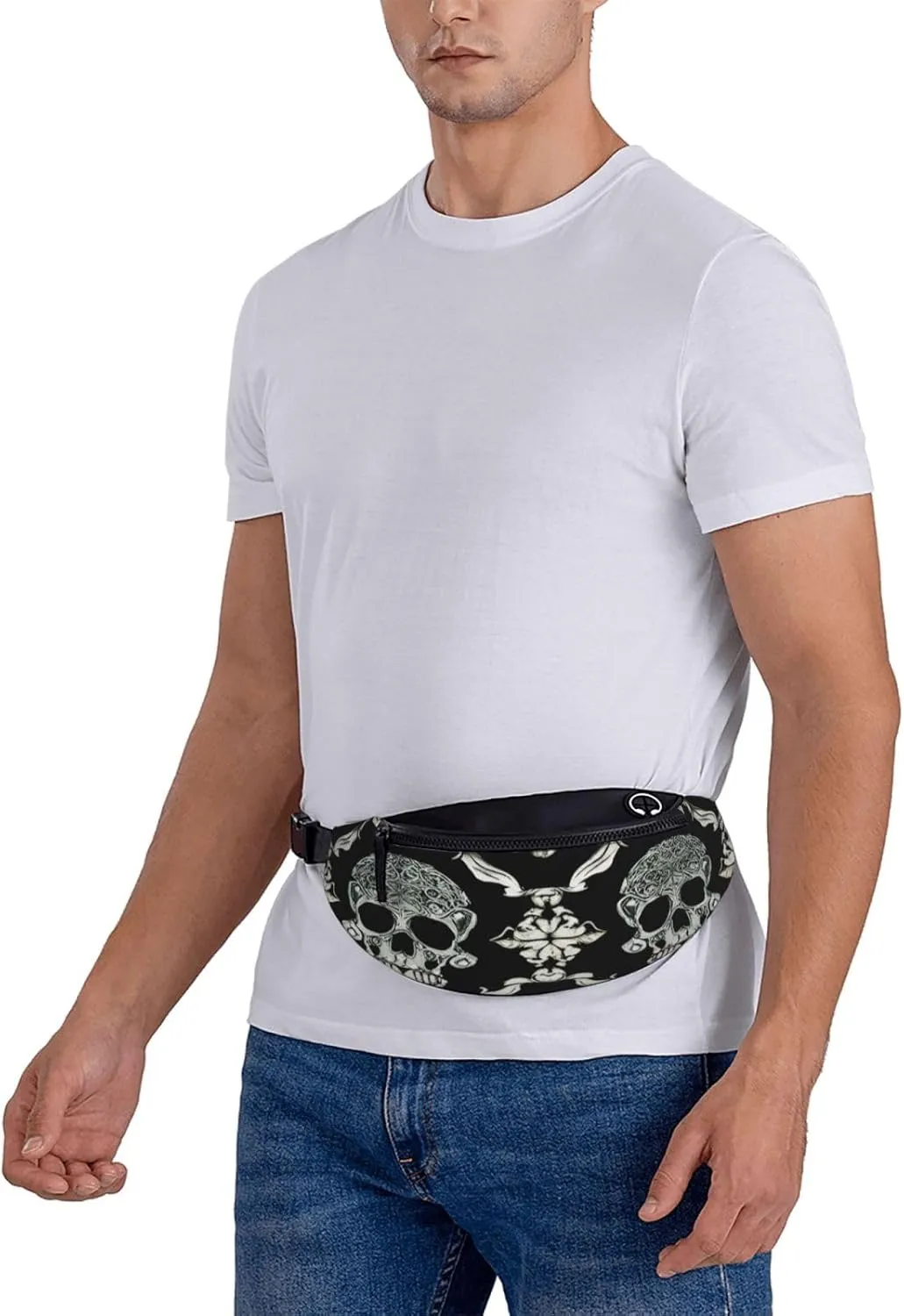 Stylish 3d Flowers Skull Bumbags Waist Fanny Pack For Women Ladies Men Lightweight Bum Bag With Zip Pockets Adjustable Belt For Dog Walking Running Cycling Hiking Outdoor Sport