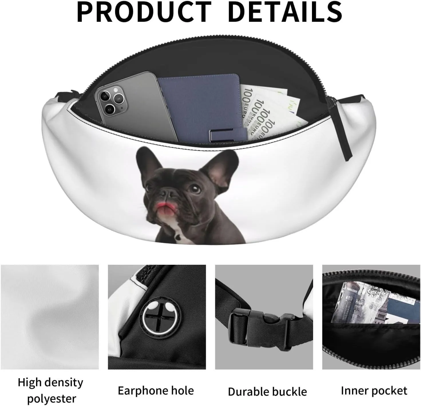 Stylish 3d French Bulldog Bumbags Waist Fanny Pack For Women Ladies Men Lightweight Bum Bag With Zip Pockets Adjustable Belt For Dog Walking Running Cycling Hiking Outdoor Sport