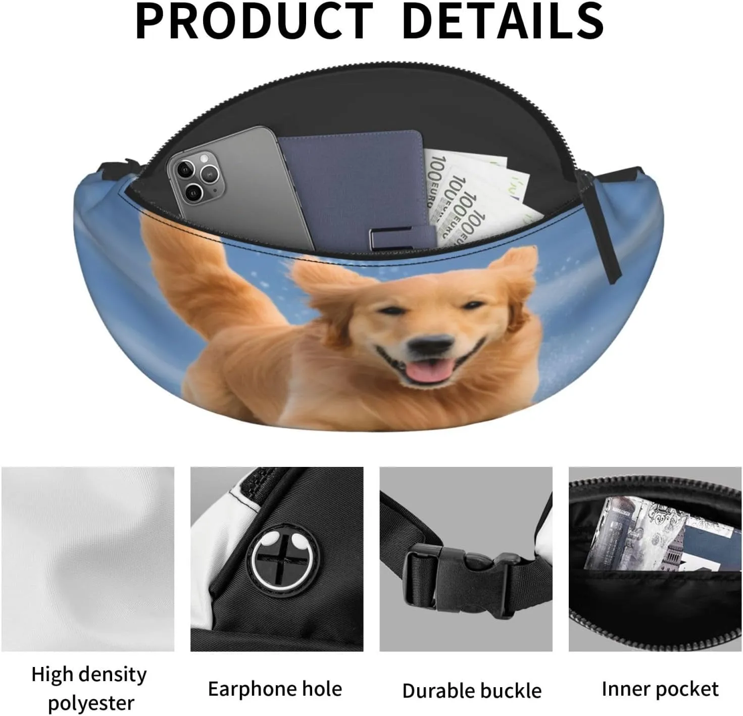 Stylish 3d Golden Retriever Dogs Bumbags Waist Fanny Pack For Women Ladies Men Lightweight Bum Bag With Zip Pockets Adjustable Belt For Dog Walking Running Cycling Hiking Outdoor Sport