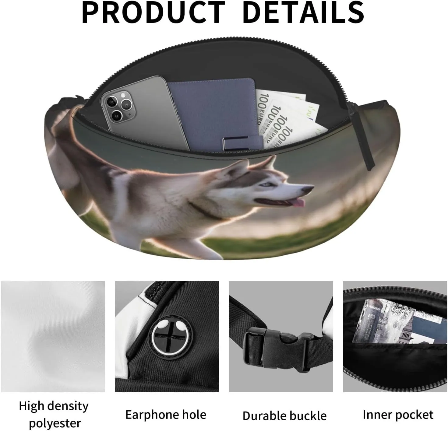 Stylish 3d Husky Dog Bumbags Waist Fanny Pack For Women Ladies Men Lightweight Bum Bag With Zip Pockets Adjustable Belt For Dog Walking Running Cycling Hiking Outdoor Sport