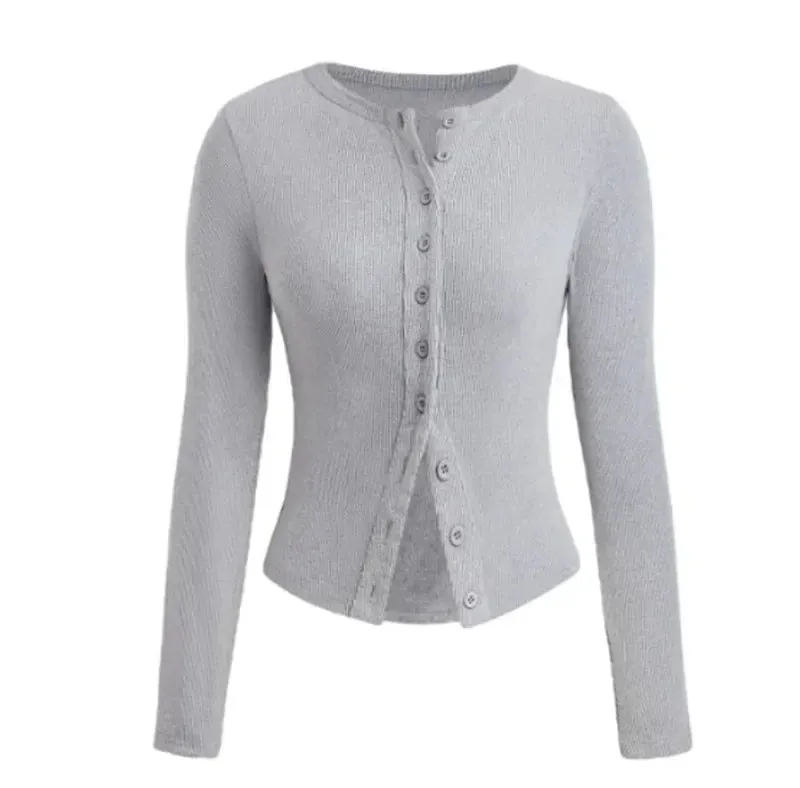 Stylish Women’s Ribbed Knit Crop Top with Button Front – Long Sleeve Club & Streetwear Essential for Y2K Vibes