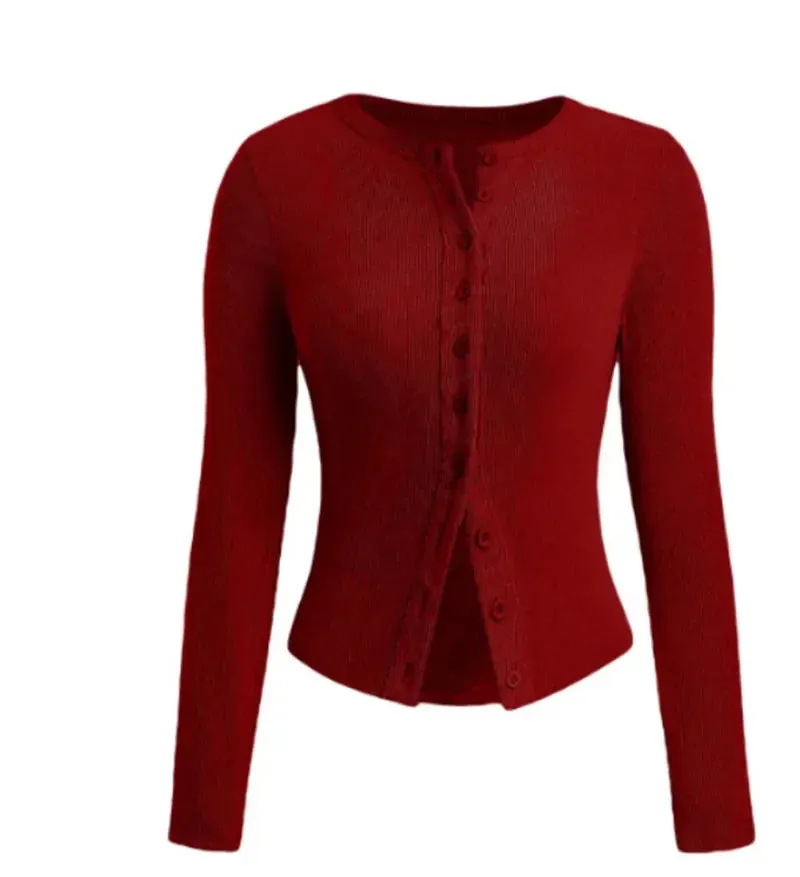 Stylish Women’s Ribbed Knit Crop Top with Button Front – Long Sleeve Club & Streetwear Essential for Y2K Vibes