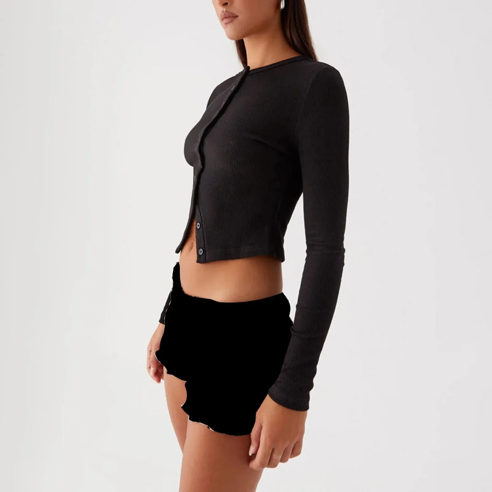 Stylish Women’s Ribbed Knit Crop Top with Button Front – Long Sleeve Club & Streetwear Essential for Y2K Vibes