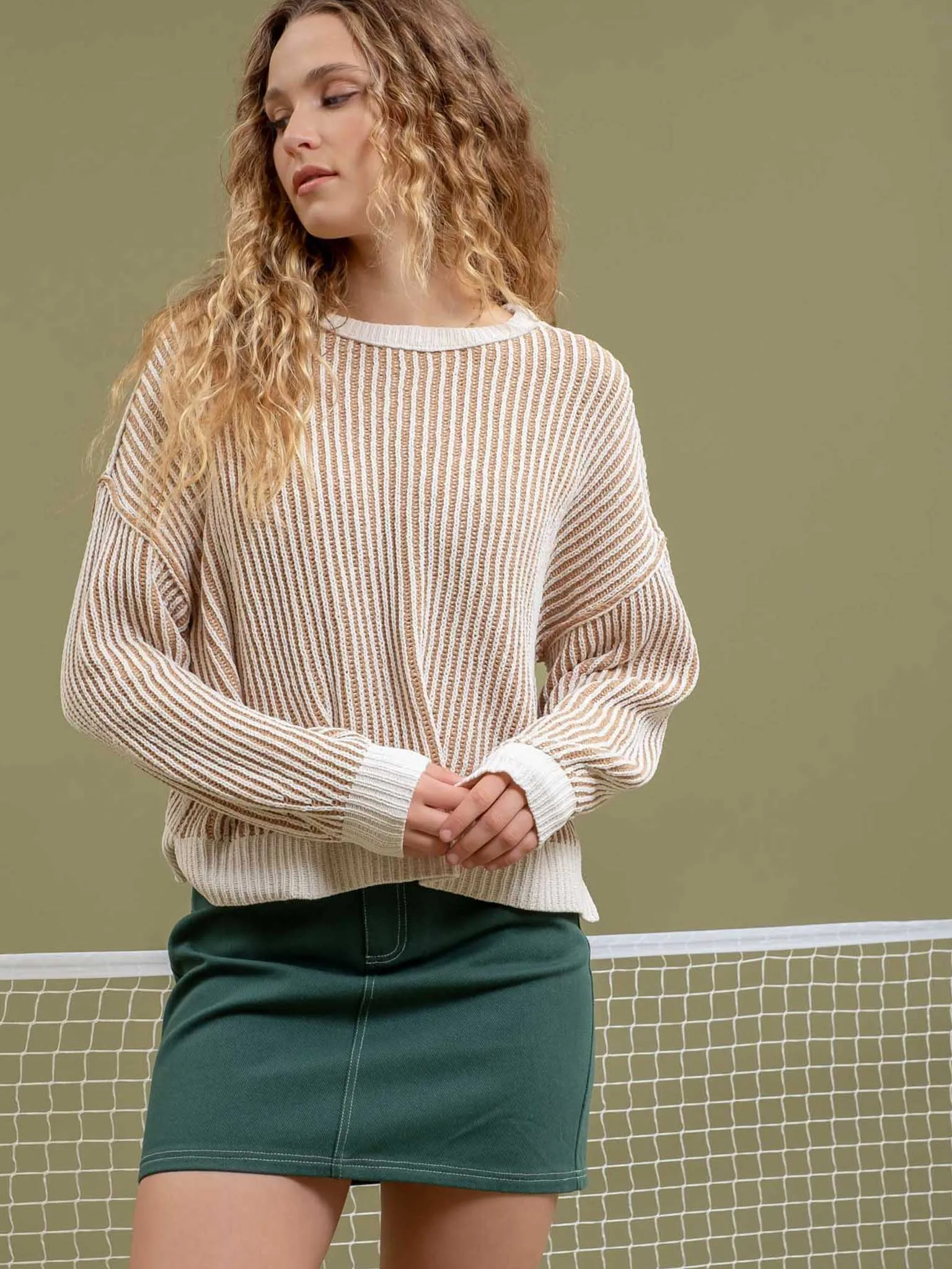 Textured Crewneck Khaki Sweater