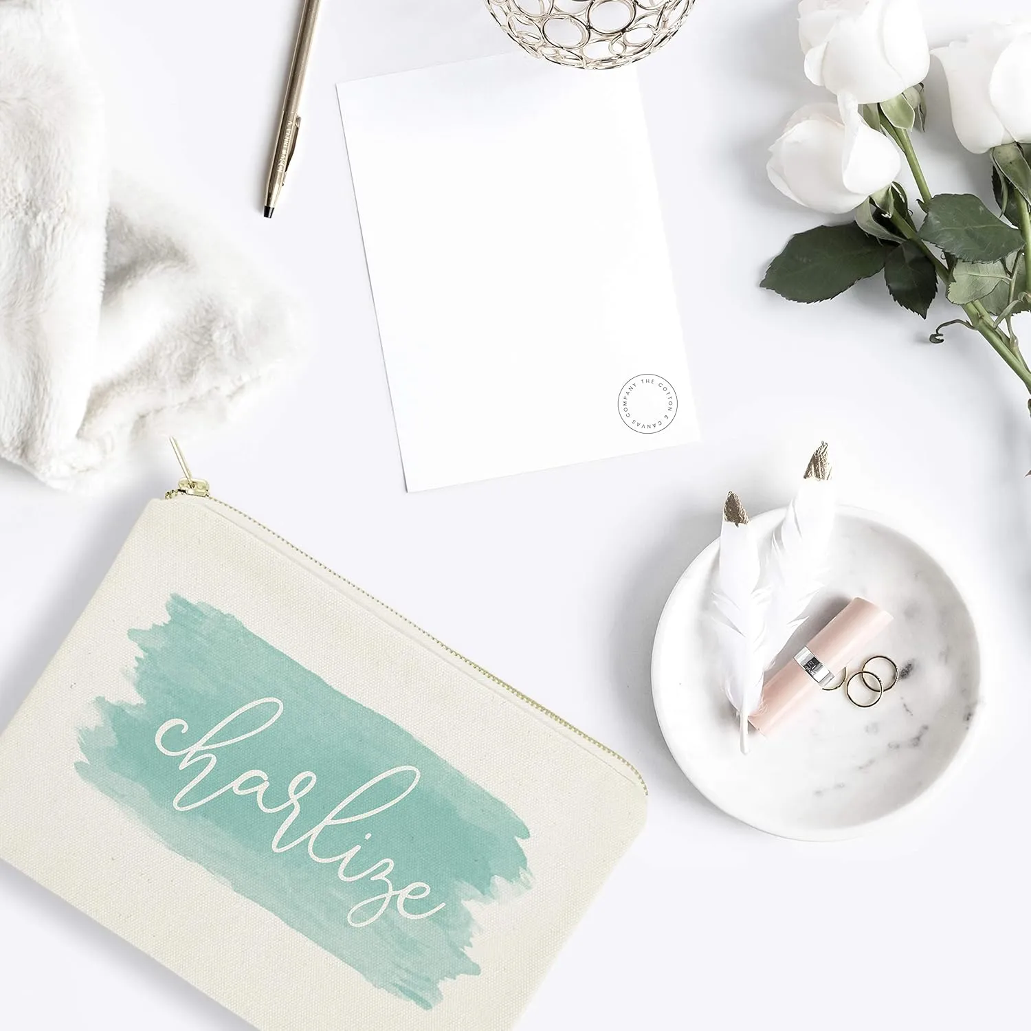The Cotton & Canvas Co. Personalized Name Aqua Watercolor Cosmetic Bag and Travel Make Up Pouch