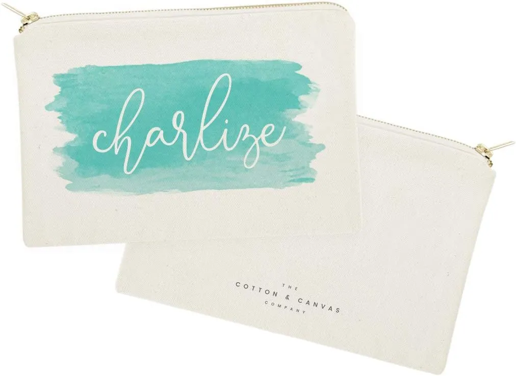 The Cotton & Canvas Co. Personalized Name Aqua Watercolor Cosmetic Bag and Travel Make Up Pouch