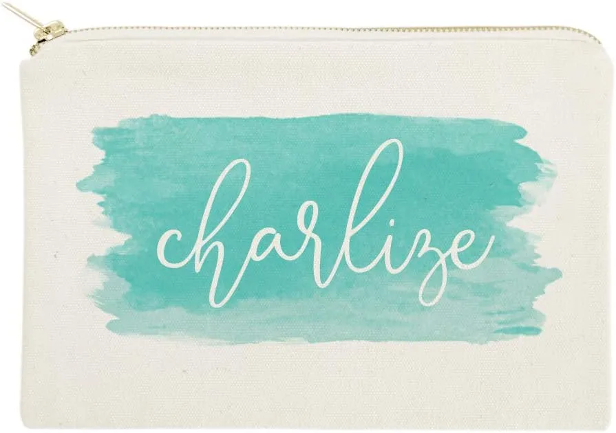 The Cotton & Canvas Co. Personalized Name Aqua Watercolor Cosmetic Bag and Travel Make Up Pouch