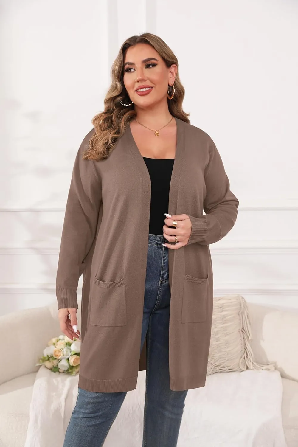 TIANZHU Plus Size Lightweight Cardigan for Women Open Front Long Sleeve Loose Fit Casual Outwear with Pockets XL-4XL