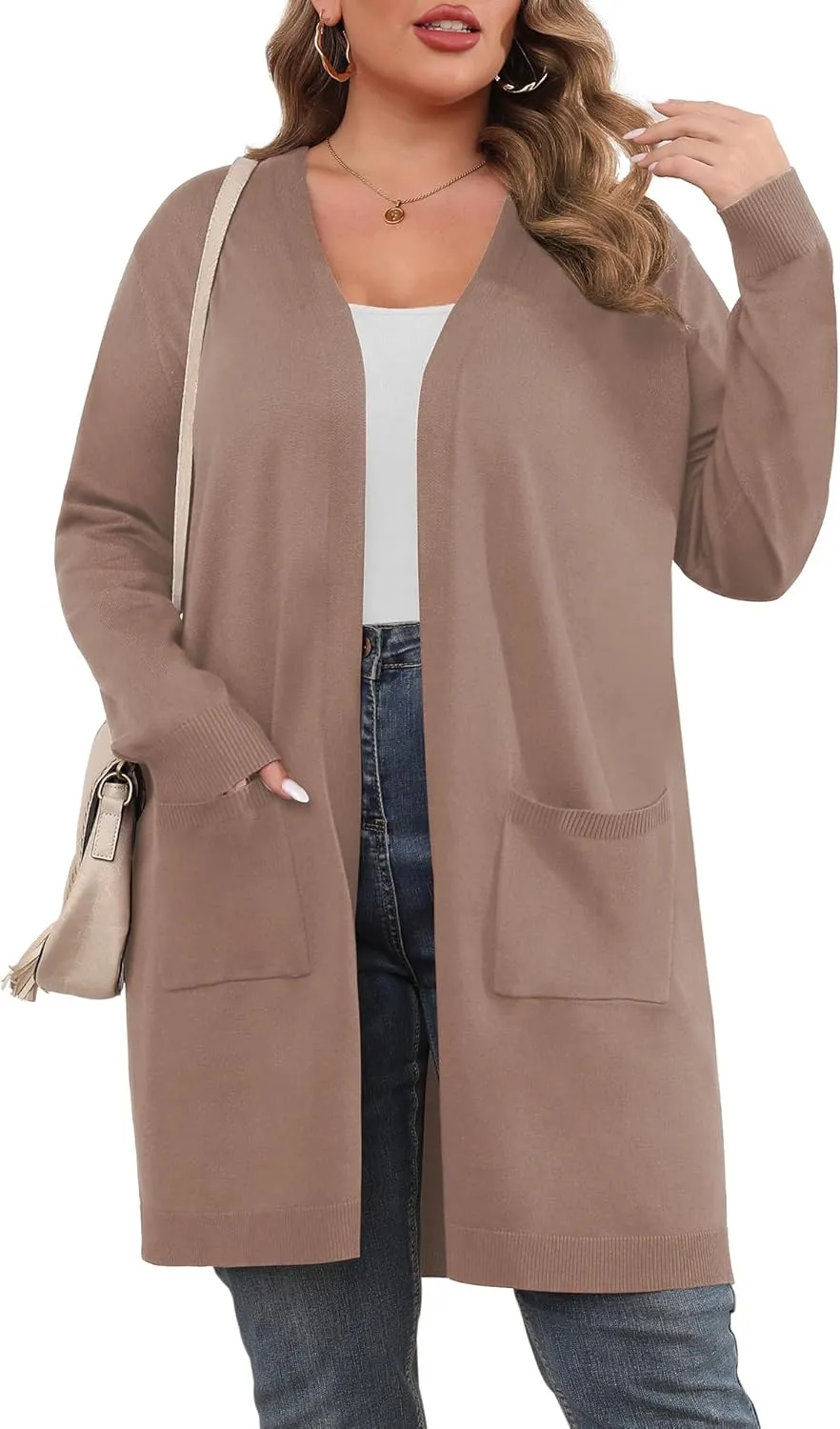 TIANZHU Plus Size Lightweight Cardigan for Women Open Front Long Sleeve Loose Fit Casual Outwear with Pockets XL-4XL