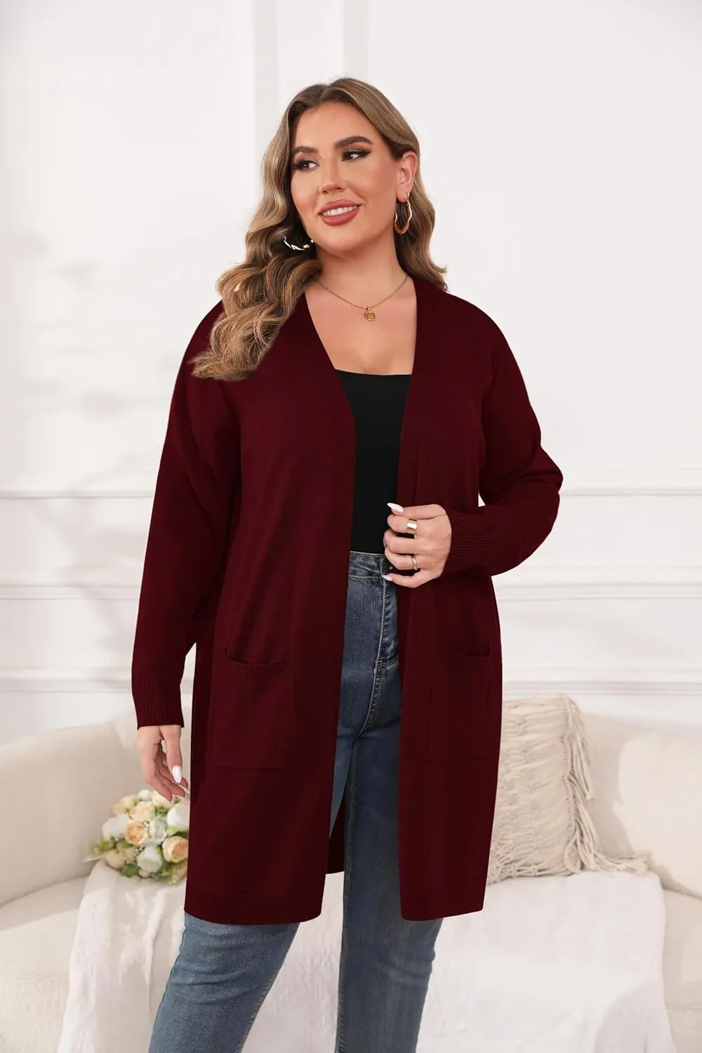 TIANZHU Plus Size Lightweight Cardigan for Women Open Front Long Sleeve Loose Fit Casual Outwear with Pockets XL-4XL