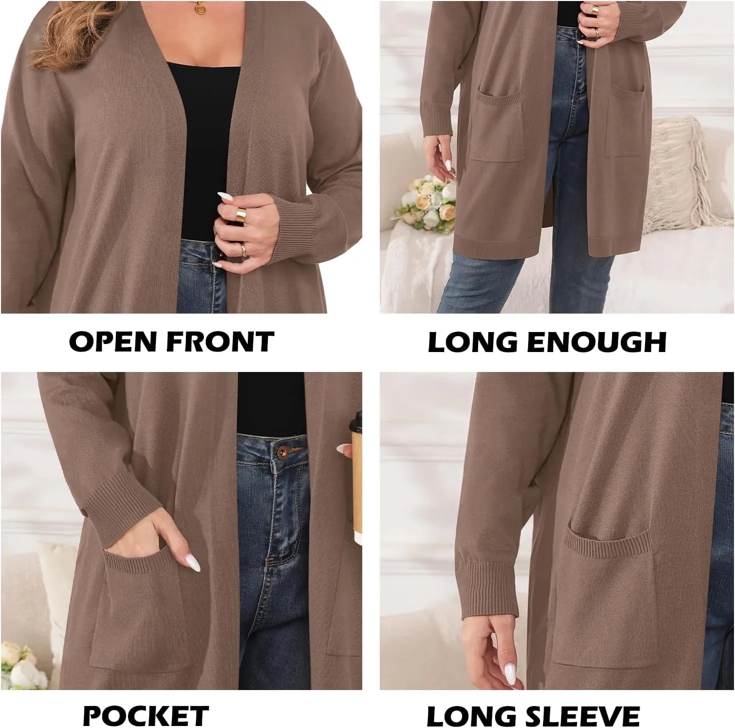 TIANZHU Plus Size Lightweight Cardigan for Women Open Front Long Sleeve Loose Fit Casual Outwear with Pockets XL-4XL