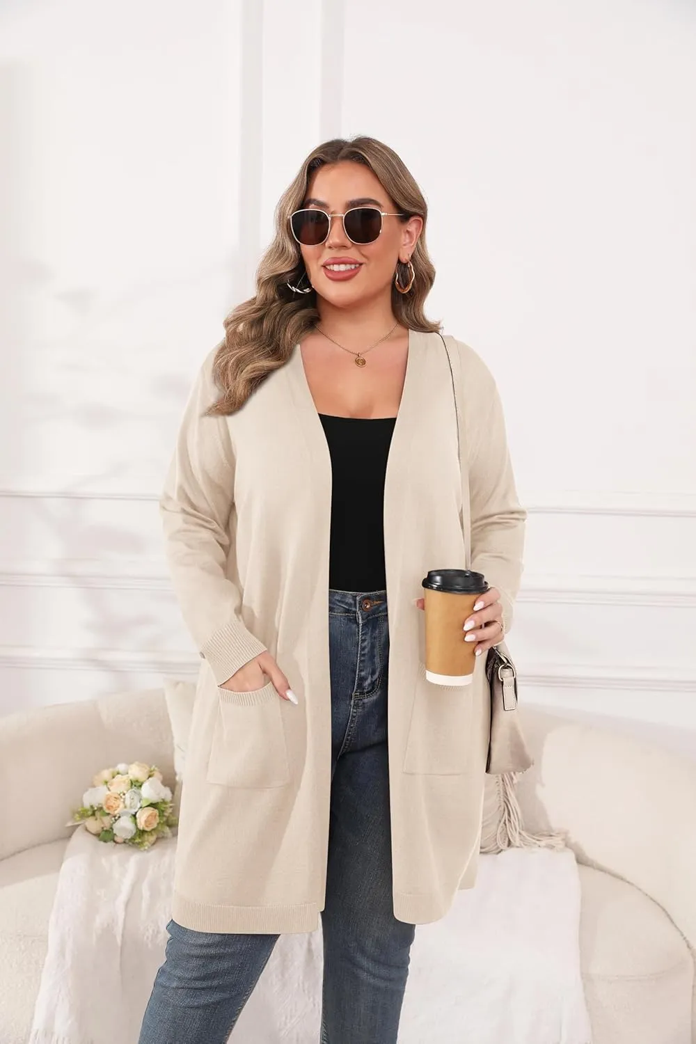 TIANZHU Plus Size Lightweight Cardigan for Women Open Front Long Sleeve Loose Fit Casual Outwear with Pockets XL-4XL