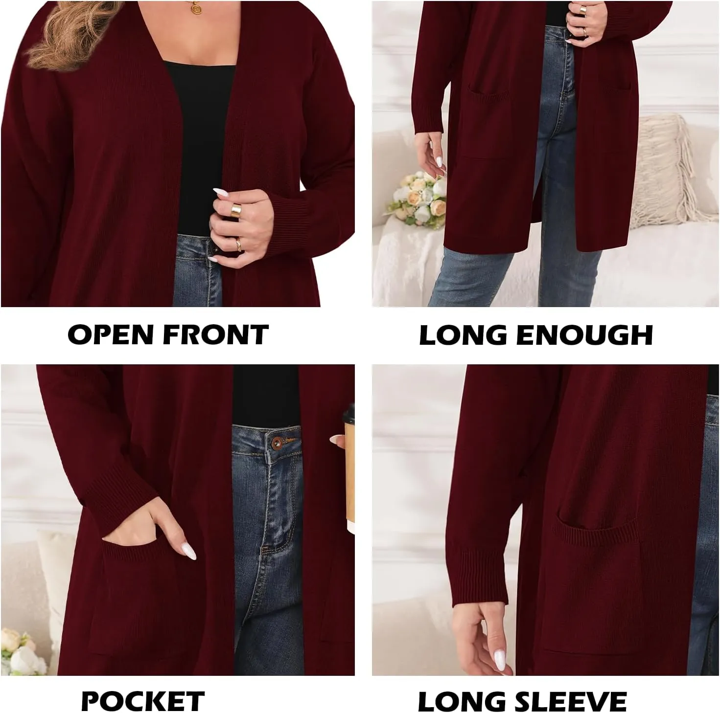 TIANZHU Plus Size Lightweight Cardigan for Women Open Front Long Sleeve Loose Fit Casual Outwear with Pockets XL-4XL