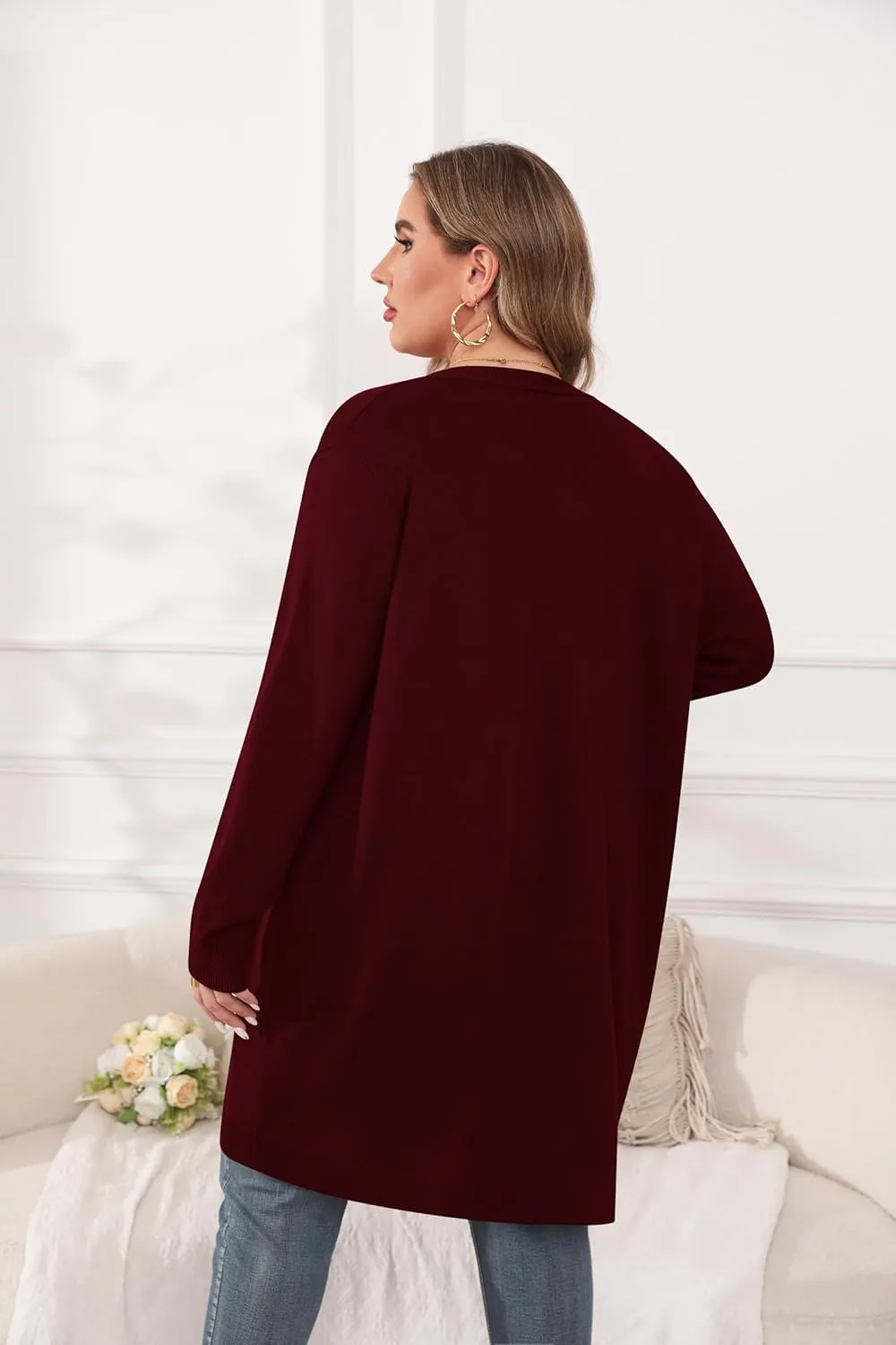 TIANZHU Plus Size Lightweight Cardigan for Women Open Front Long Sleeve Loose Fit Casual Outwear with Pockets XL-4XL