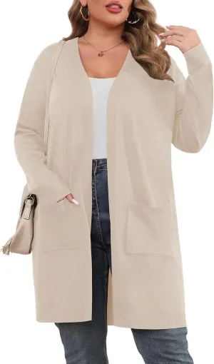 TIANZHU Plus Size Lightweight Cardigan for Women Open Front Long Sleeve Loose Fit Casual Outwear with Pockets XL-4XL