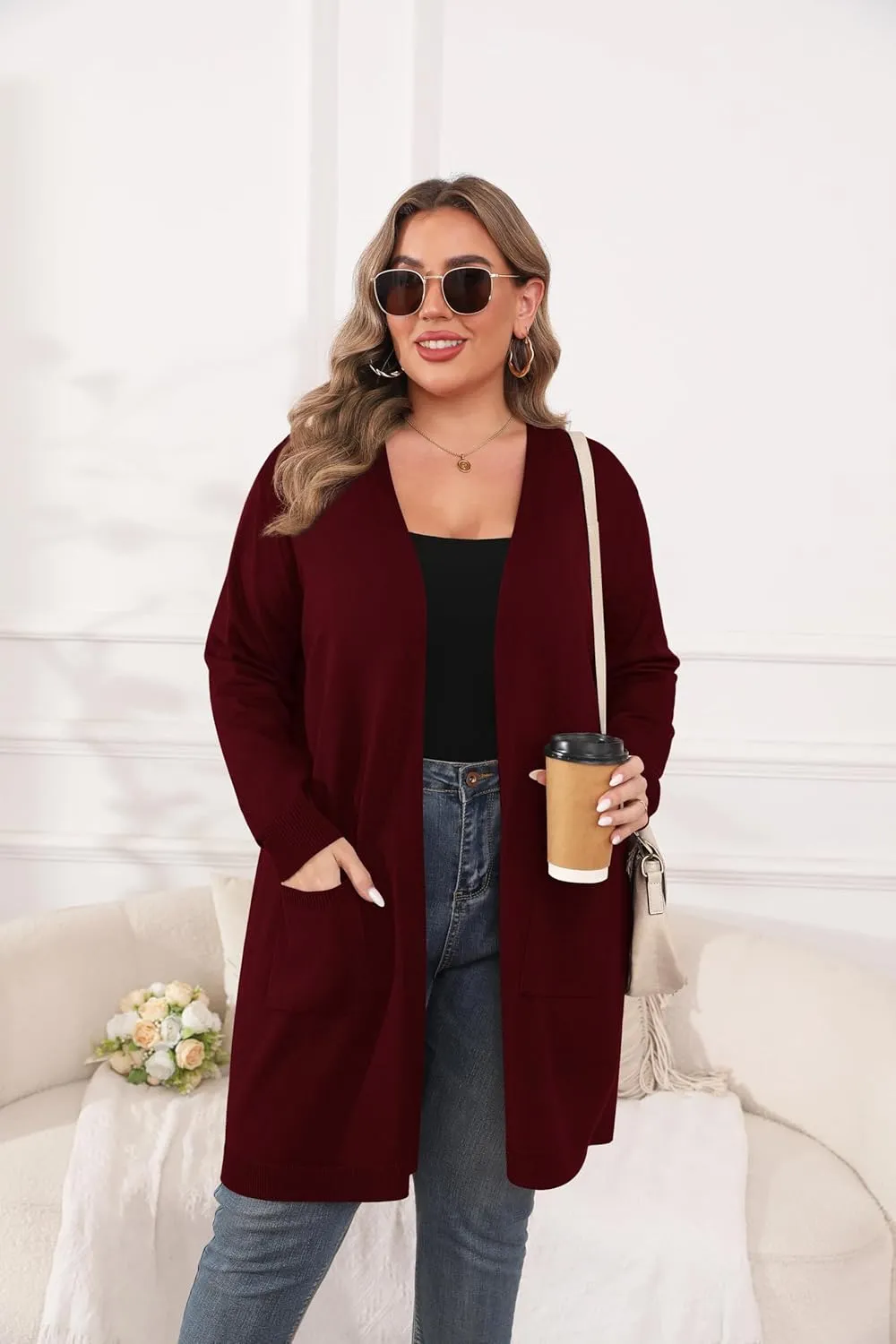 TIANZHU Plus Size Lightweight Cardigan for Women Open Front Long Sleeve Loose Fit Casual Outwear with Pockets XL-4XL