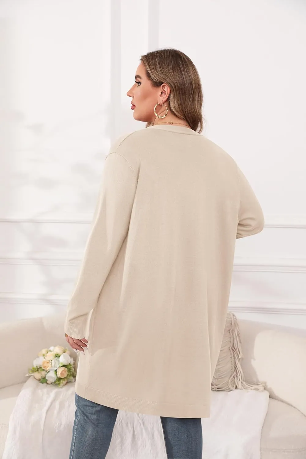 TIANZHU Plus Size Lightweight Cardigan for Women Open Front Long Sleeve Loose Fit Casual Outwear with Pockets XL-4XL