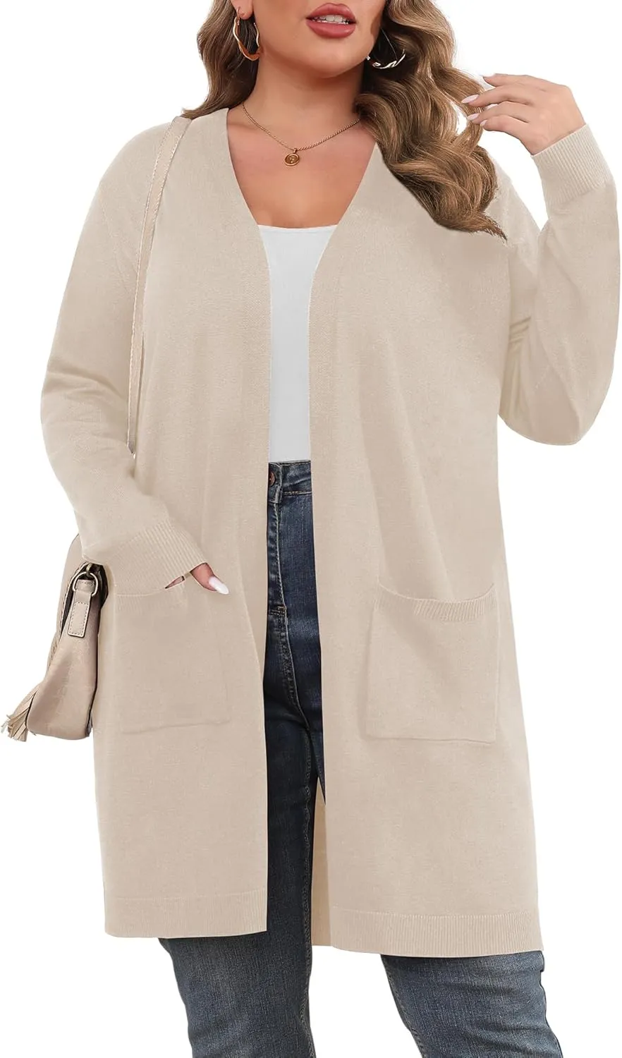 TIANZHU Plus Size Lightweight Cardigan for Women Open Front Long Sleeve Loose Fit Casual Outwear with Pockets XL-4XL