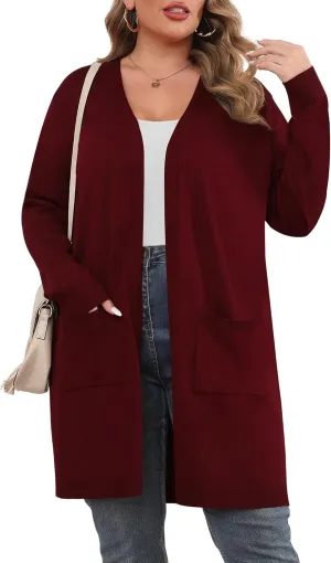TIANZHU Plus Size Lightweight Cardigan for Women Open Front Long Sleeve Loose Fit Casual Outwear with Pockets XL-4XL