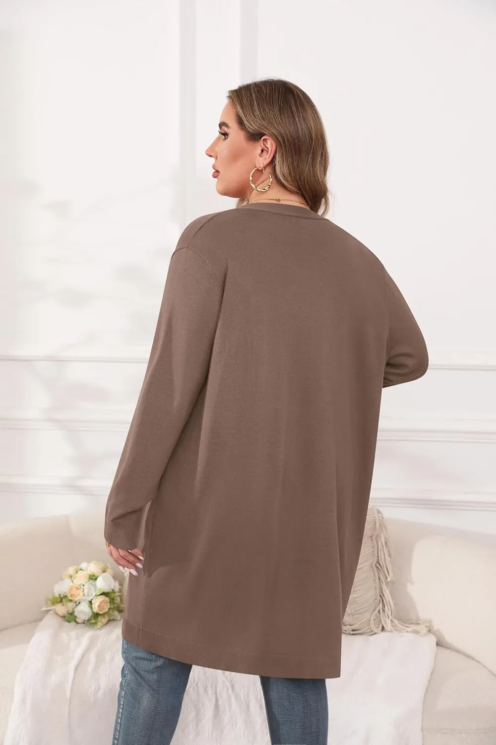 TIANZHU Plus Size Lightweight Cardigan for Women Open Front Long Sleeve Loose Fit Casual Outwear with Pockets XL-4XL