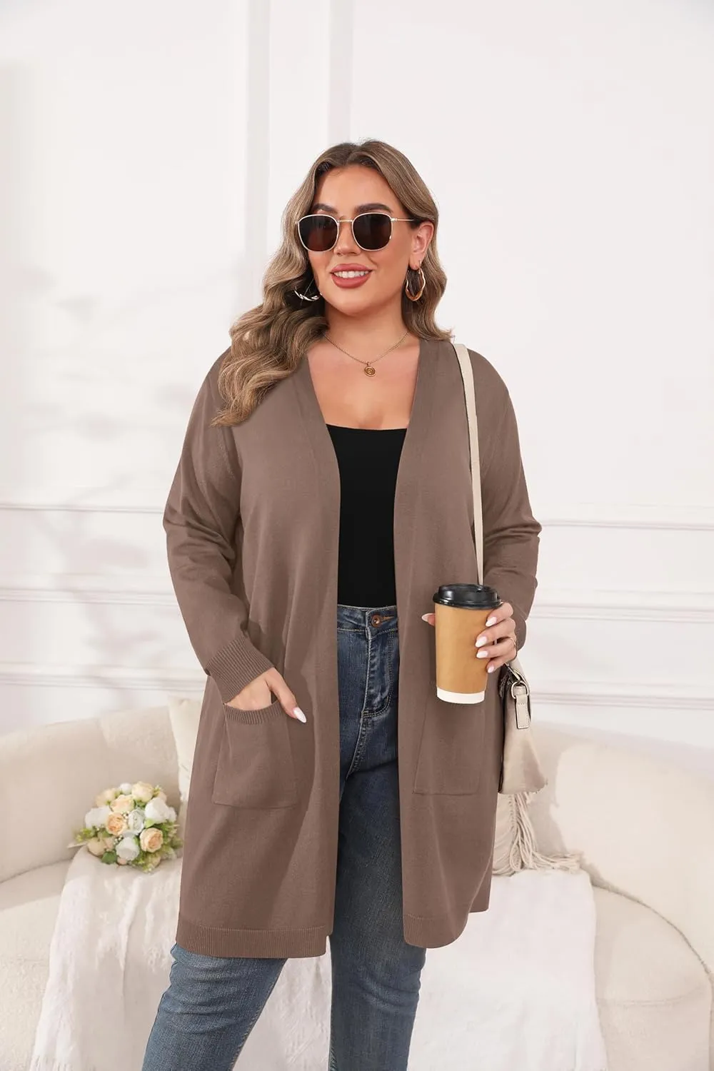 TIANZHU Plus Size Lightweight Cardigan for Women Open Front Long Sleeve Loose Fit Casual Outwear with Pockets XL-4XL