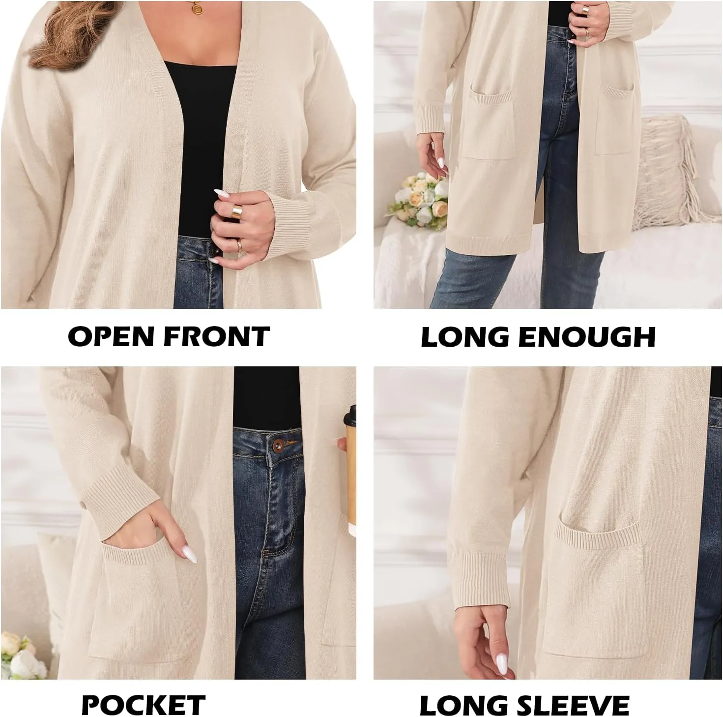 TIANZHU Plus Size Lightweight Cardigan for Women Open Front Long Sleeve Loose Fit Casual Outwear with Pockets XL-4XL