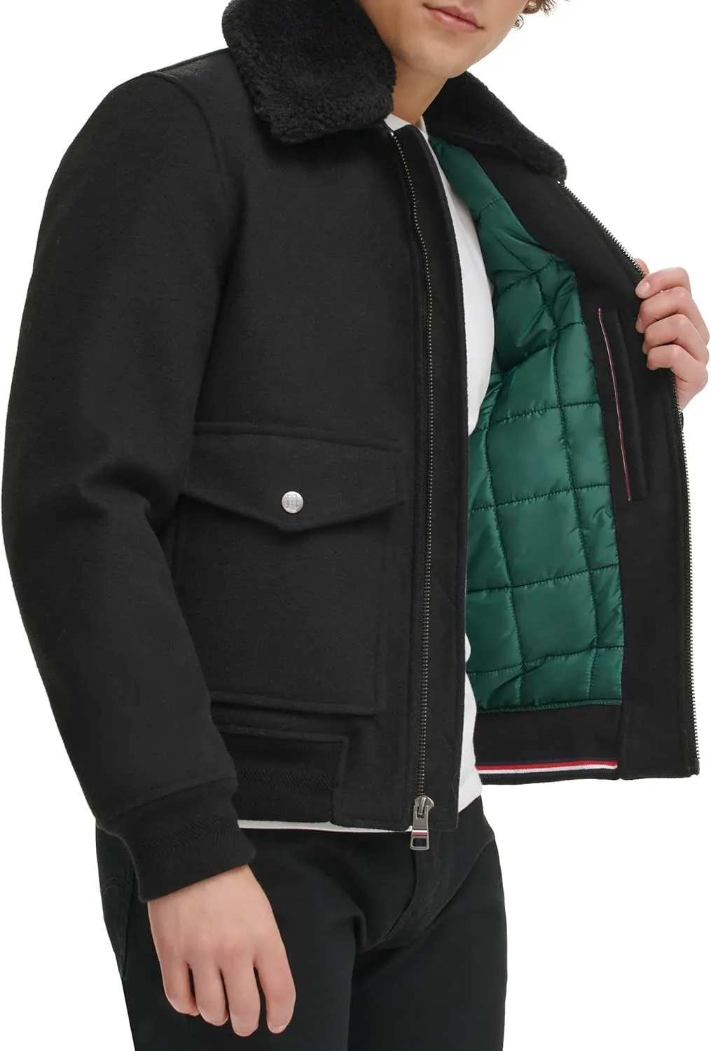 Tommy Hilfiger Men's Wool Blend Bomber Jacket with Faux Fur Collar
