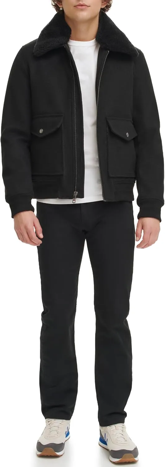 Tommy Hilfiger Men's Wool Blend Bomber Jacket with Faux Fur Collar