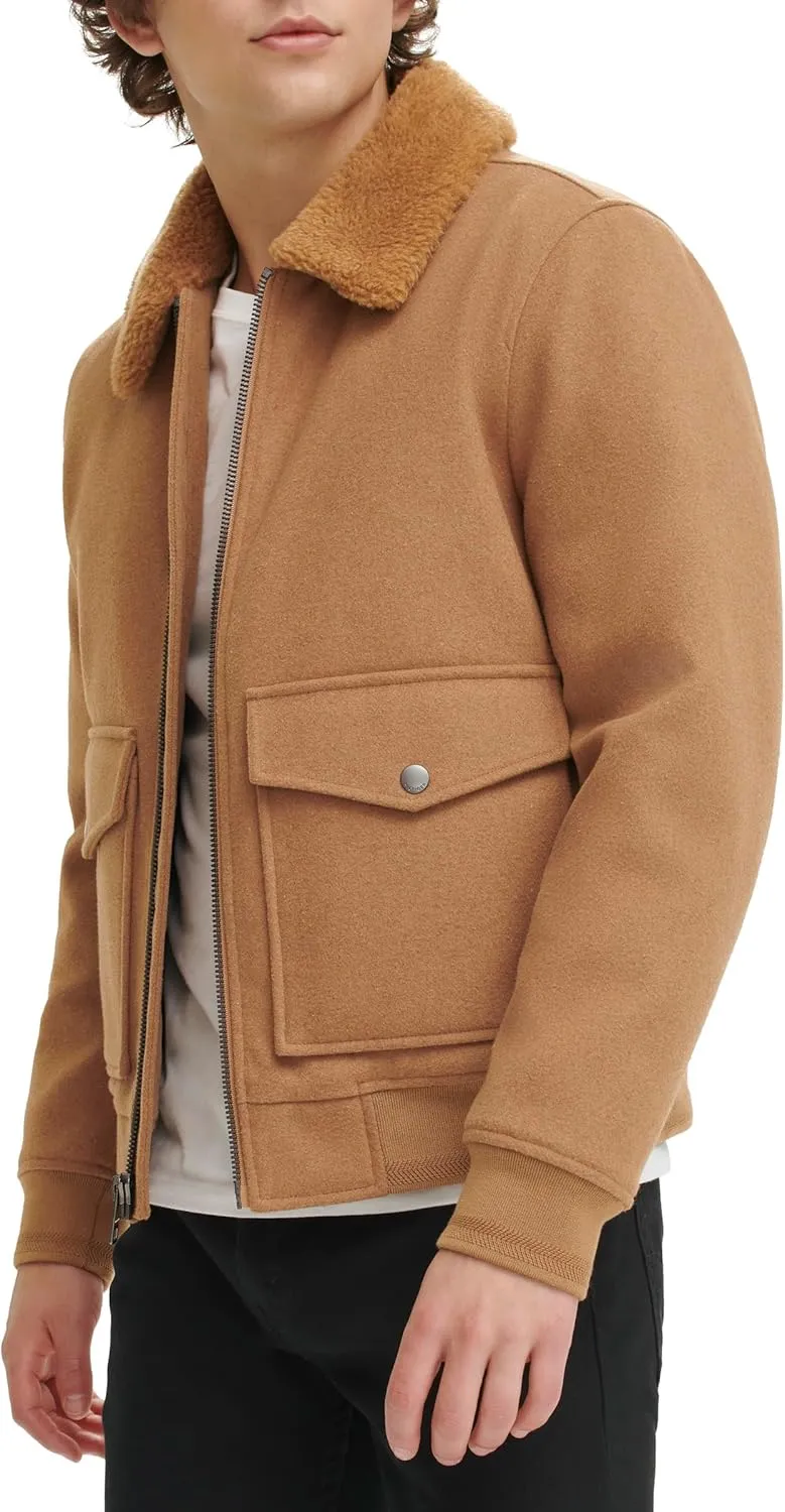 Tommy Hilfiger Men's Wool Blend Bomber Jacket with Faux Fur Collar
