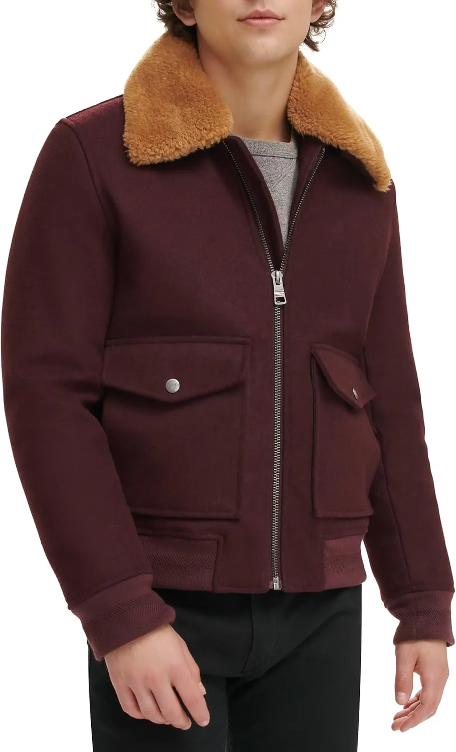 Tommy Hilfiger Men's Wool Blend Bomber Jacket with Faux Fur Collar