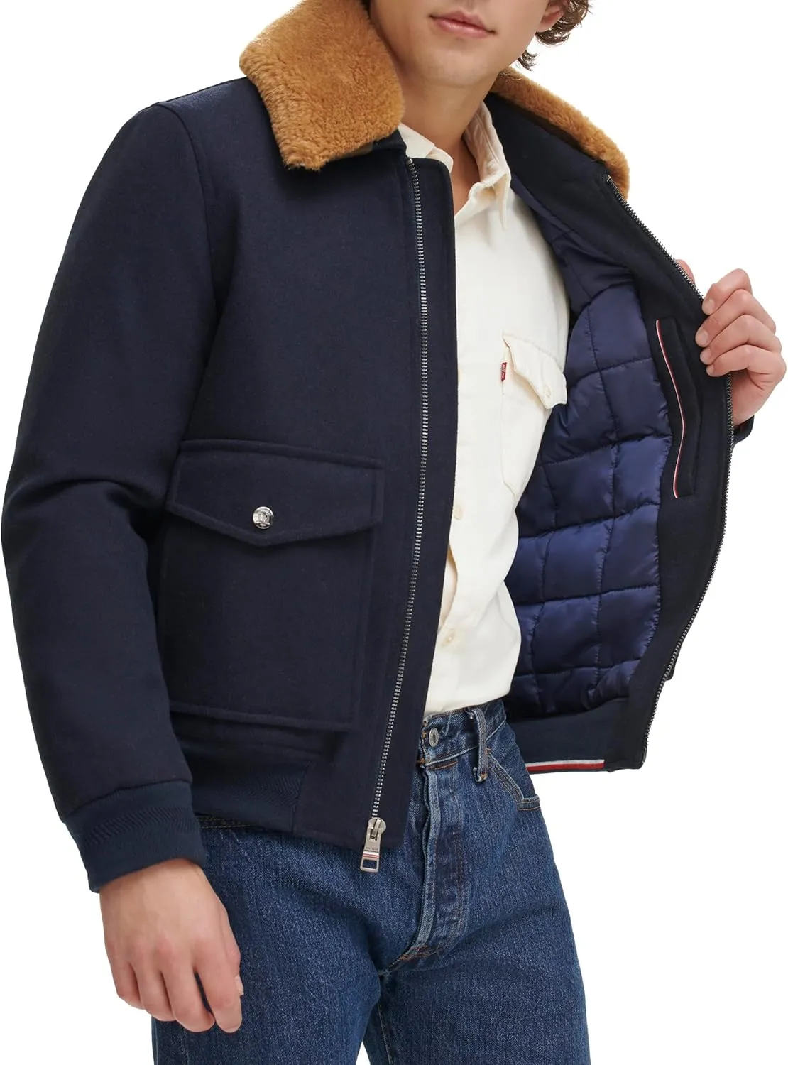 Tommy Hilfiger Men's Wool Blend Bomber Jacket with Faux Fur Collar