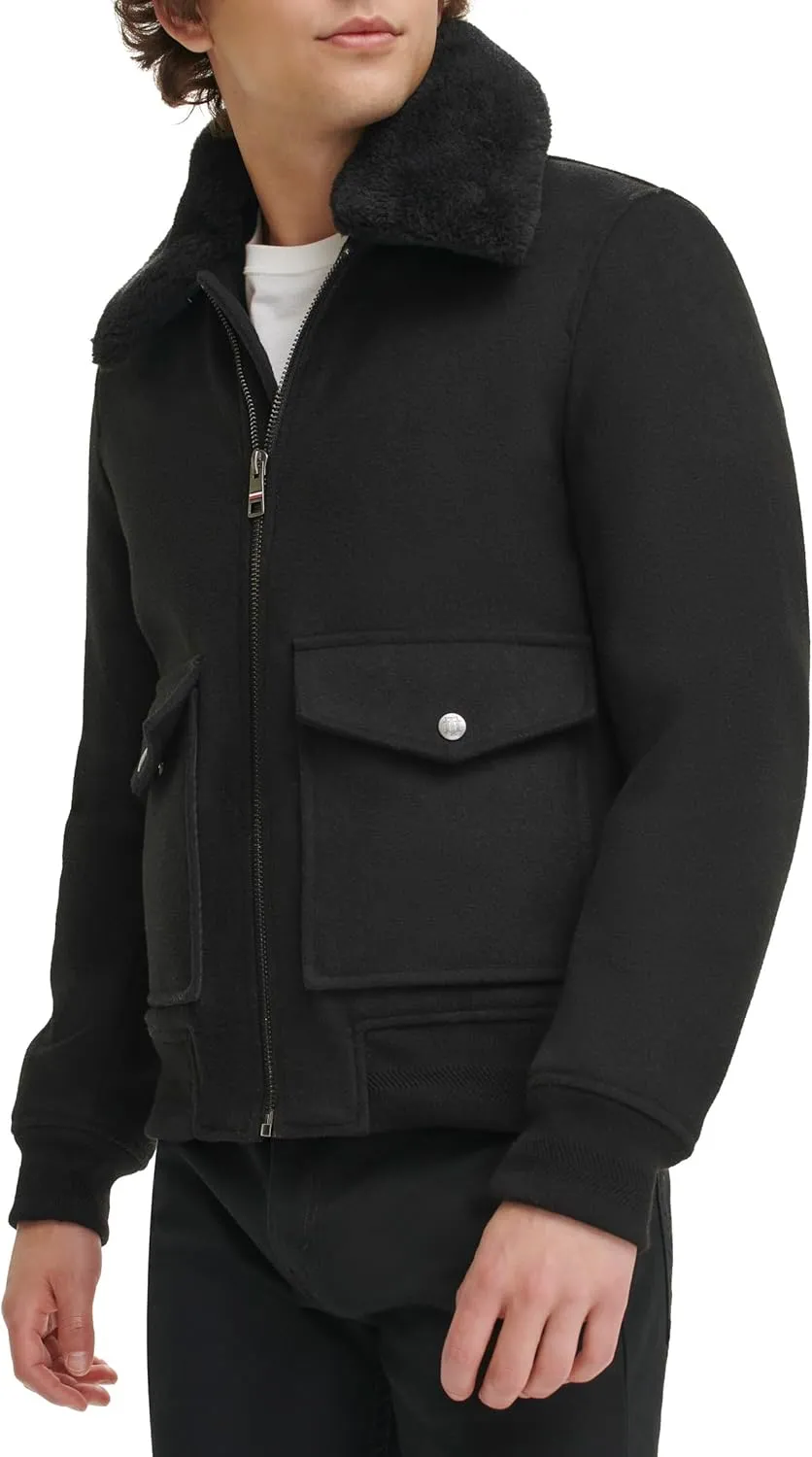 Tommy Hilfiger Men's Wool Blend Bomber Jacket with Faux Fur Collar