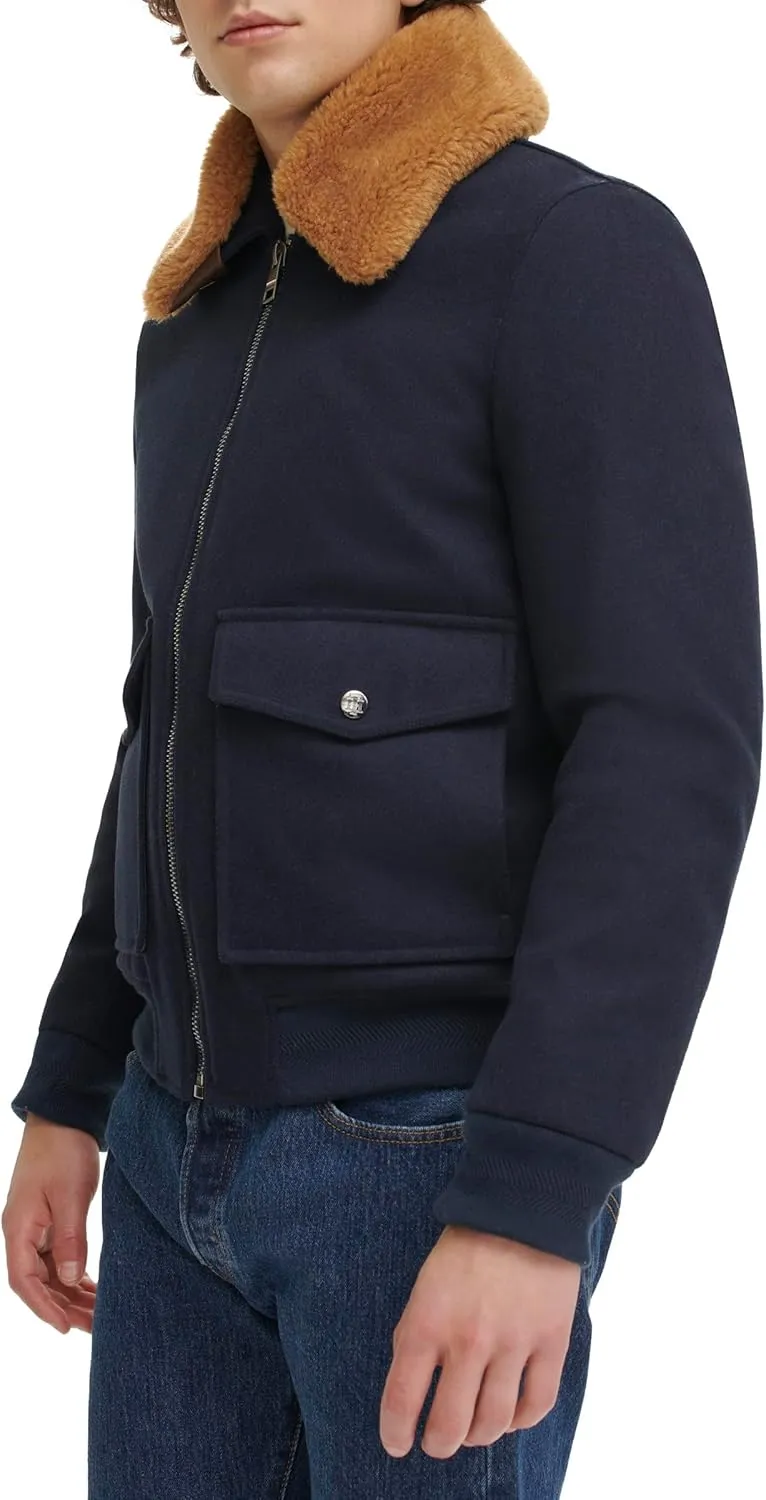 Tommy Hilfiger Men's Wool Blend Bomber Jacket with Faux Fur Collar