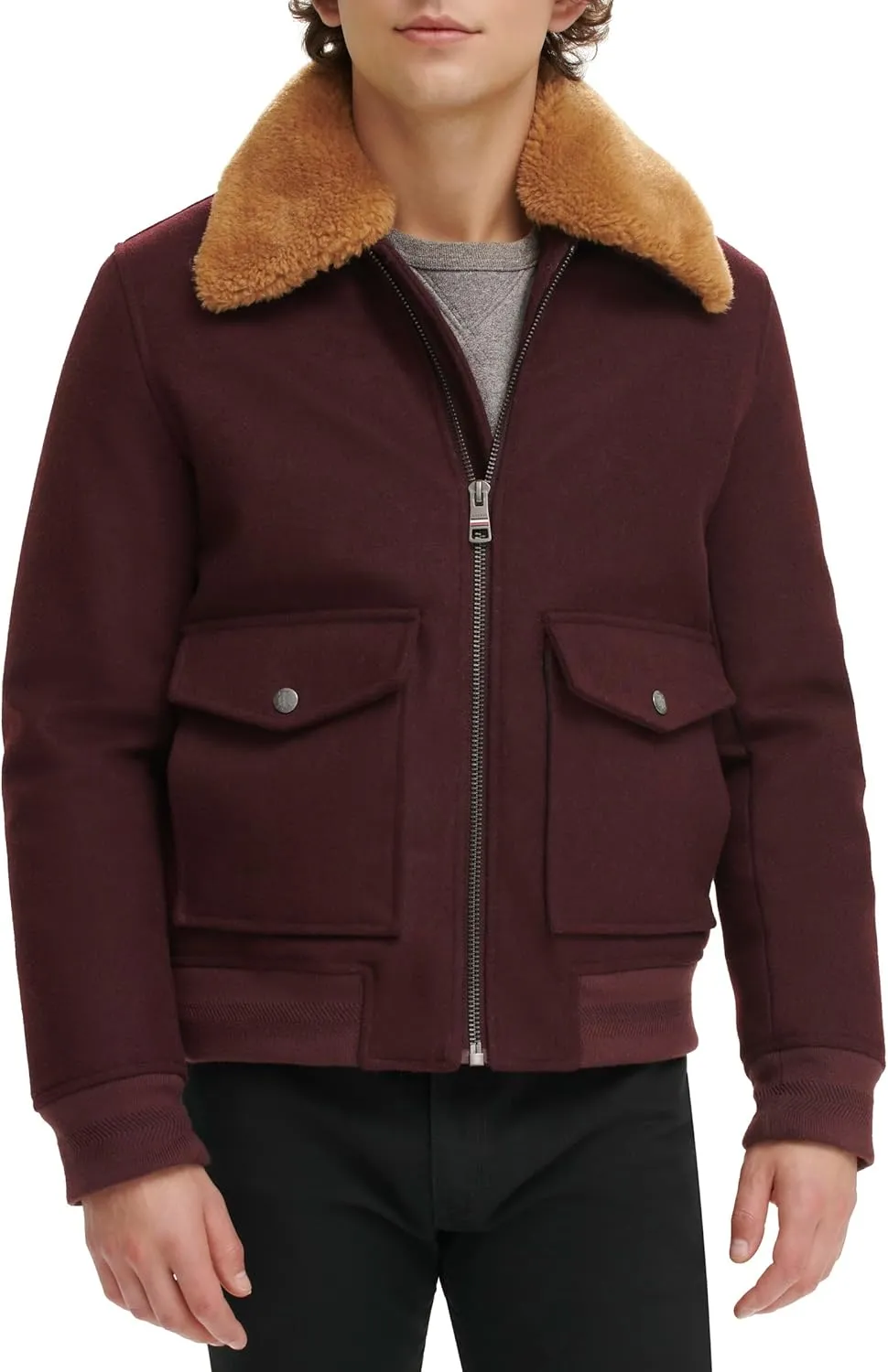 Tommy Hilfiger Men's Wool Blend Bomber Jacket with Faux Fur Collar