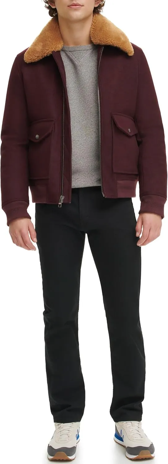 Tommy Hilfiger Men's Wool Blend Bomber Jacket with Faux Fur Collar
