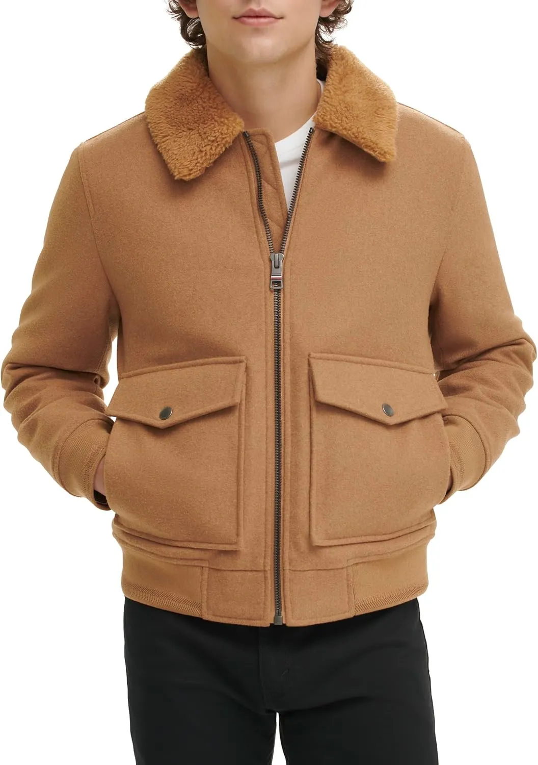 Tommy Hilfiger Men's Wool Blend Bomber Jacket with Faux Fur Collar