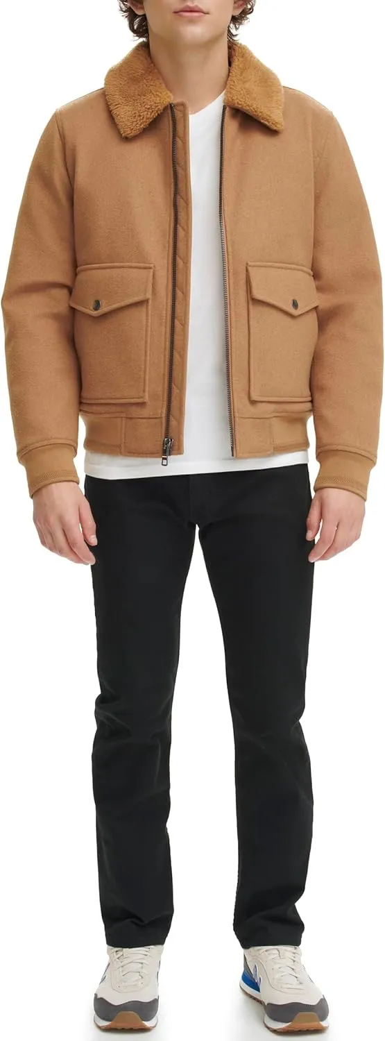 Tommy Hilfiger Men's Wool Blend Bomber Jacket with Faux Fur Collar