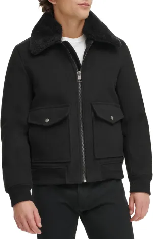 Tommy Hilfiger Men's Wool Blend Bomber Jacket with Faux Fur Collar