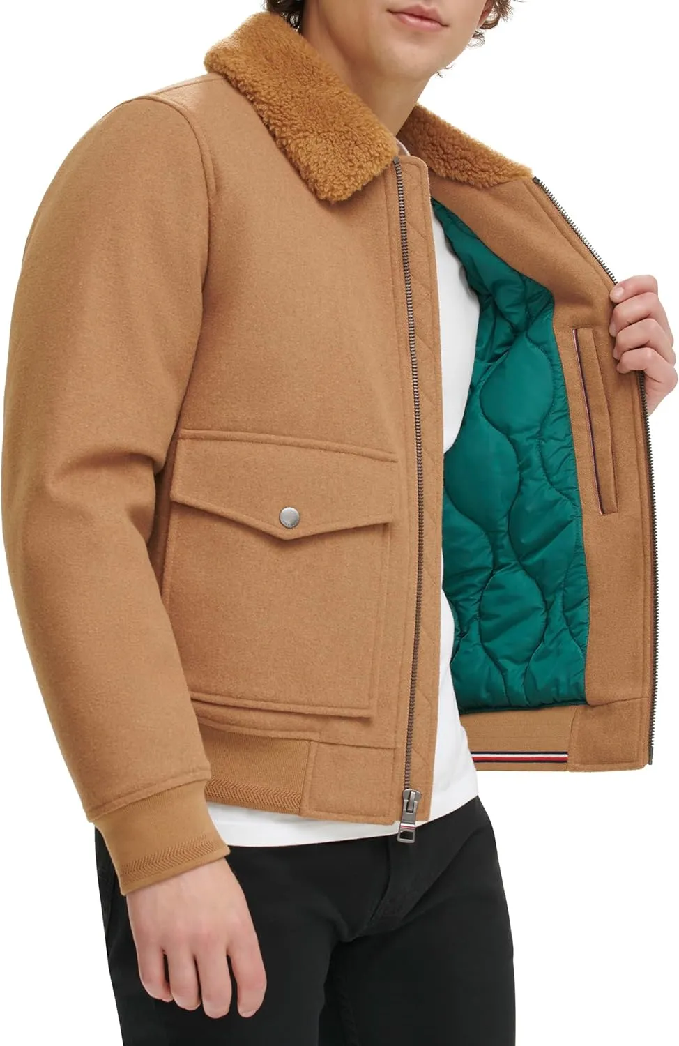 Tommy Hilfiger Men's Wool Blend Bomber Jacket with Faux Fur Collar