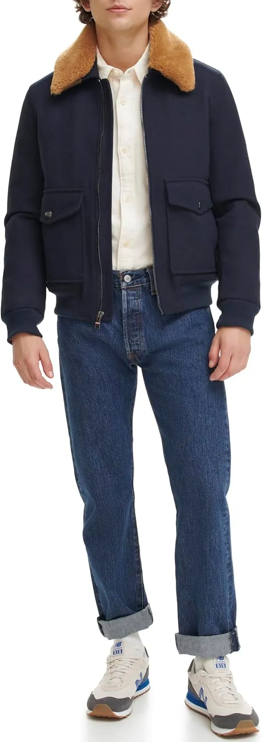 Tommy Hilfiger Men's Wool Blend Bomber Jacket with Faux Fur Collar