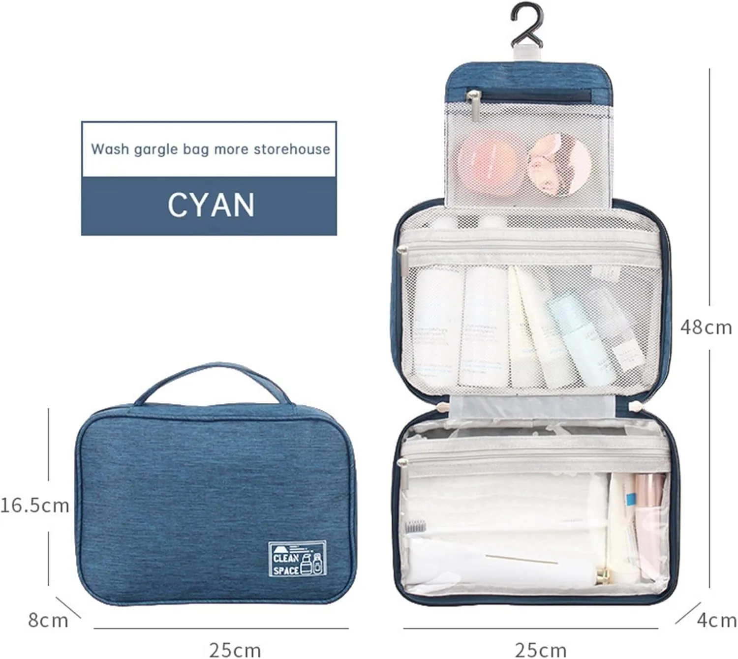 Travel Makeup Bag 10x6.6 Inch Portable Hanging Extra Large Makeup Bag with 3 Comparment Water Resistant Cosmetic Organizer with Handle Toiletry Bag Shampoo,toiletries Full-Size Container