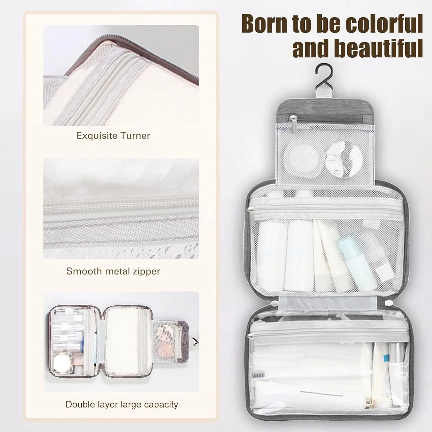 Travel Makeup Bag 10x6.6 Inch Portable Hanging Extra Large Makeup Bag with 3 Comparment Water Resistant Cosmetic Organizer with Handle Toiletry Bag Shampoo,toiletries Full-Size Container