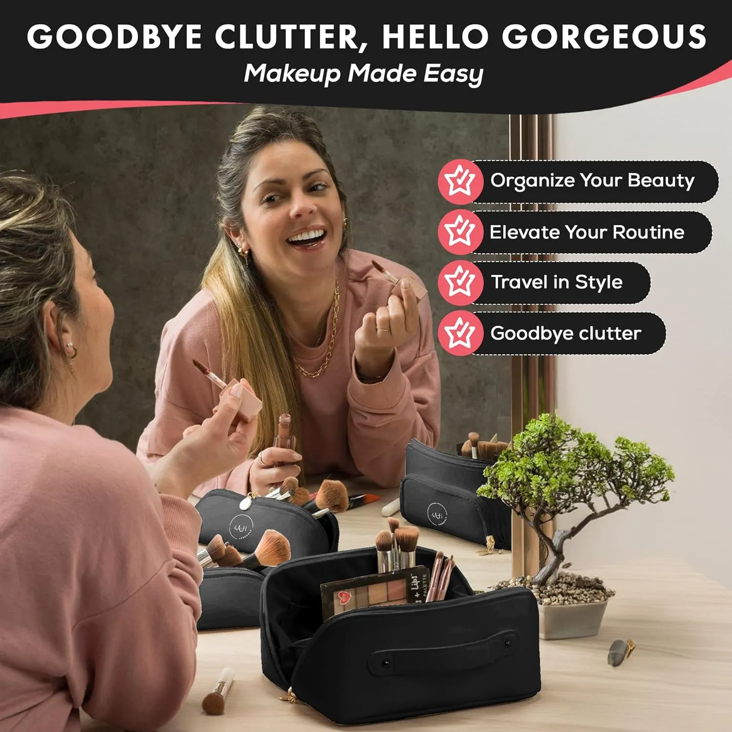 Travel makeup Bag cosmetic organizer Set for Women Pu leather Large Capacity Divider Portable Toiletry Bag 2 Brush Holders Waterproof Jewelry Pouch portable toiletries accessories brush case