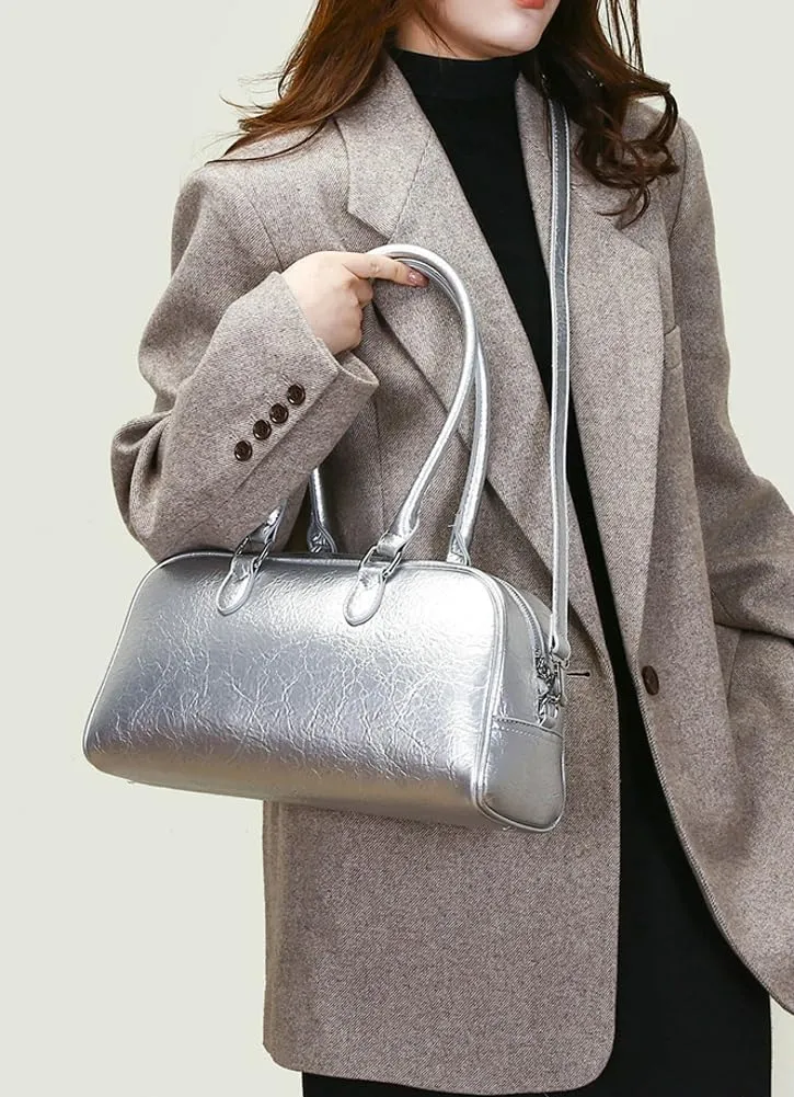 Trendy Shoulder Bag for Women Medium Size Crossbody Tote Purse Glossy Vegan Leather Y2k Handbags Top Handle Satchels