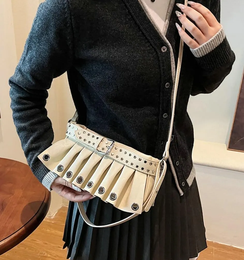 Trendy Studded Shoulder Bags for Women Vegan Leather Small Crossbody Tote Purse Y2K Pleated Handbag Satchels