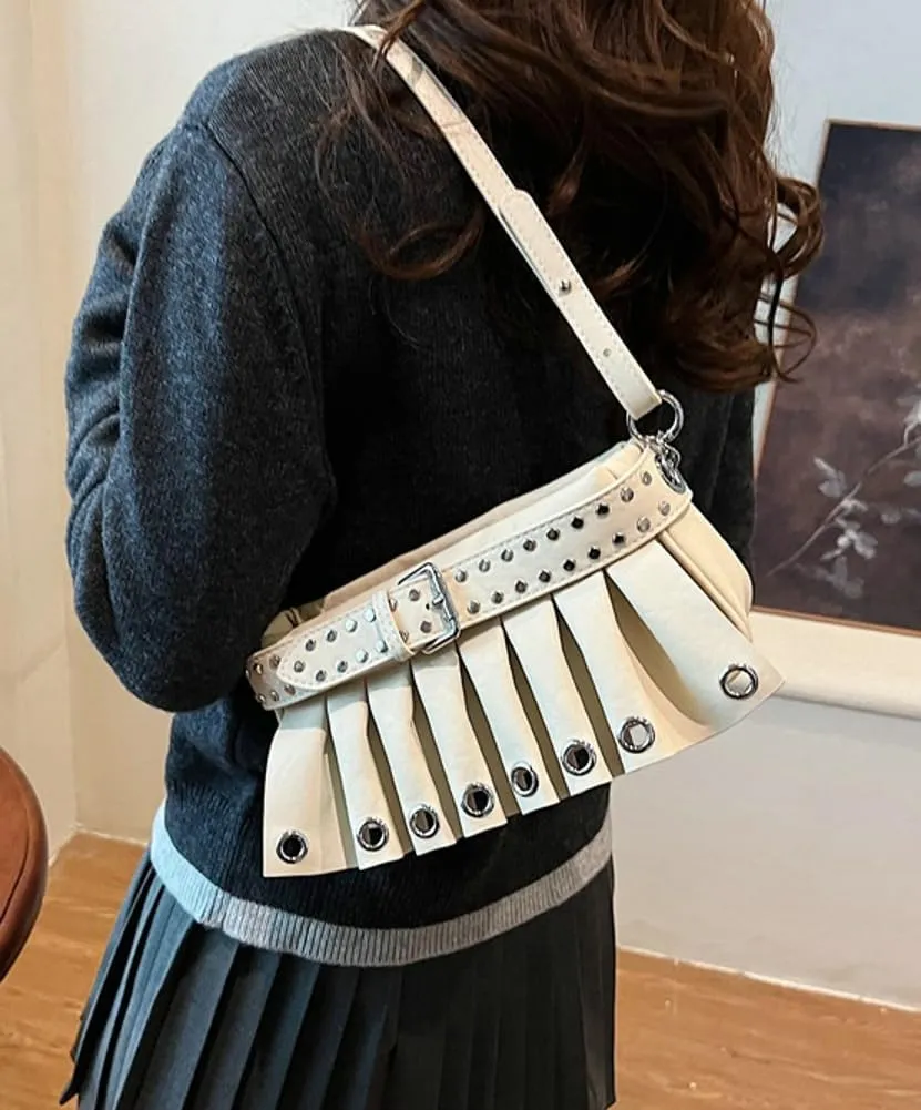 Trendy Studded Shoulder Bags for Women Vegan Leather Small Crossbody Tote Purse Y2K Pleated Handbag Satchels
