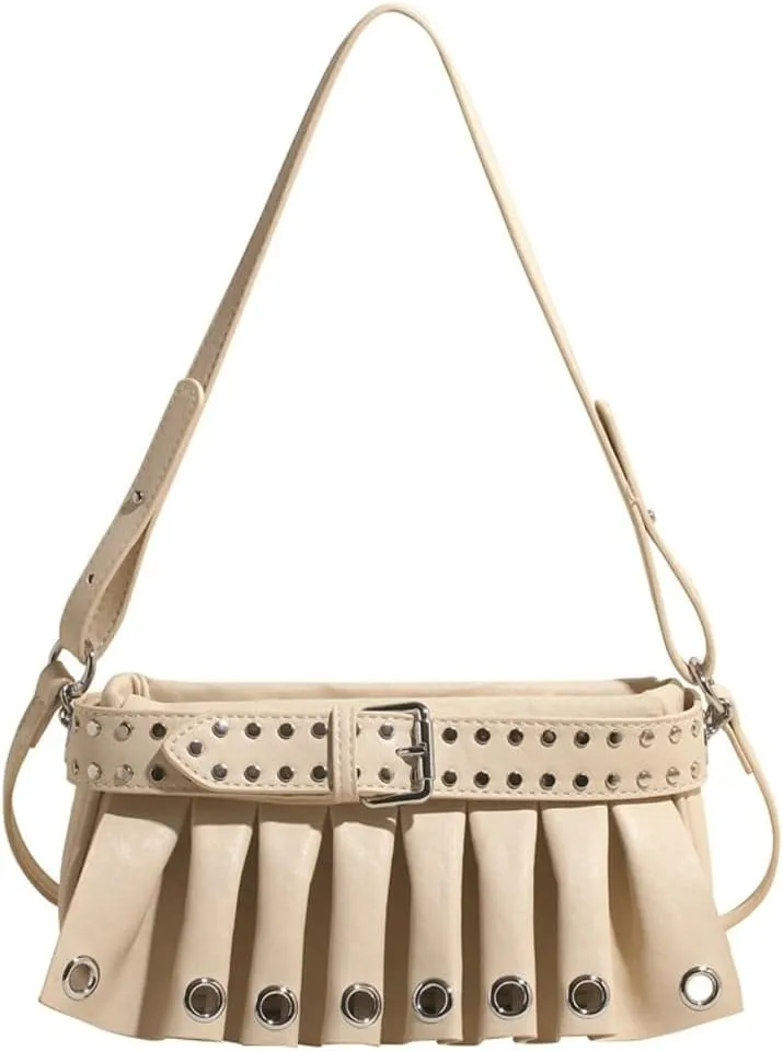 Trendy Studded Shoulder Bags for Women Vegan Leather Small Crossbody Tote Purse Y2K Pleated Handbag Satchels