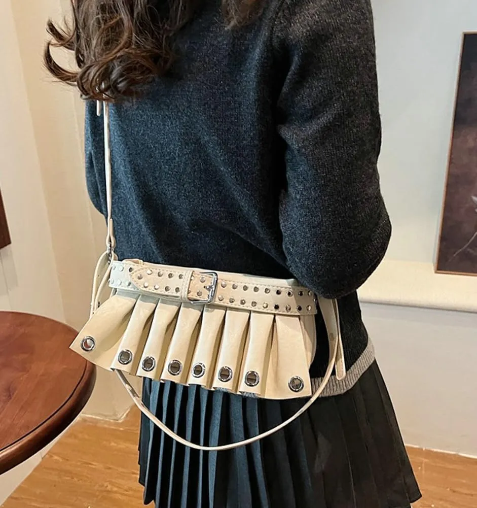 Trendy Studded Shoulder Bags for Women Vegan Leather Small Crossbody Tote Purse Y2K Pleated Handbag Satchels