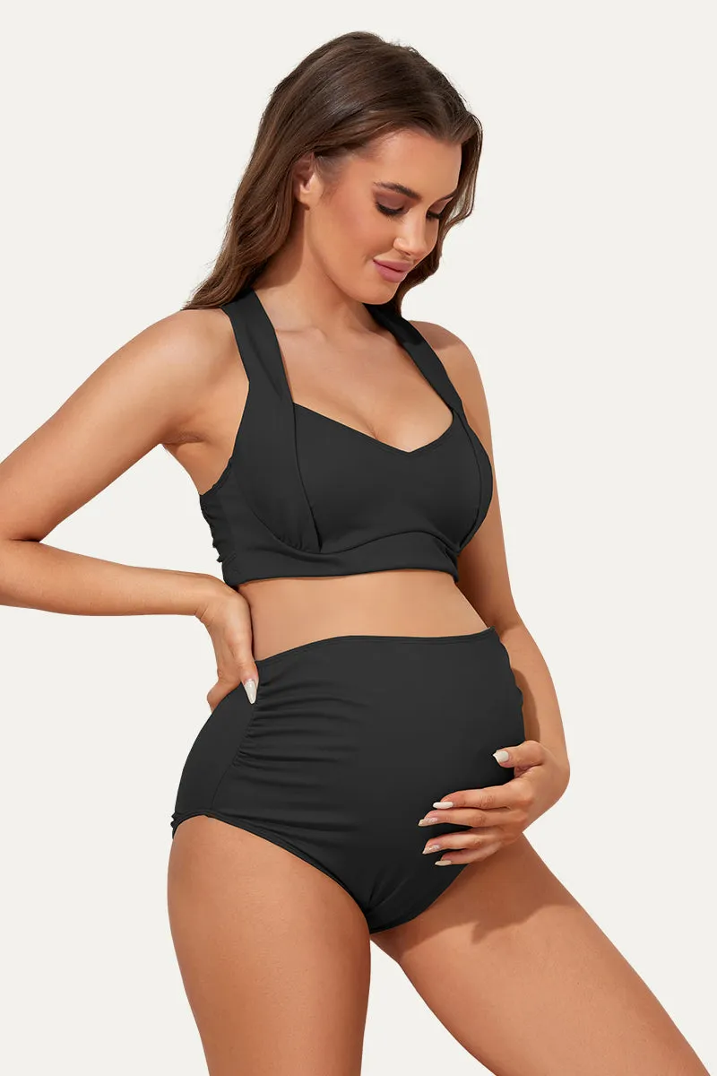Two Piece Maternity Suit With Ruched Front And Criss-Cross Tie Back Black