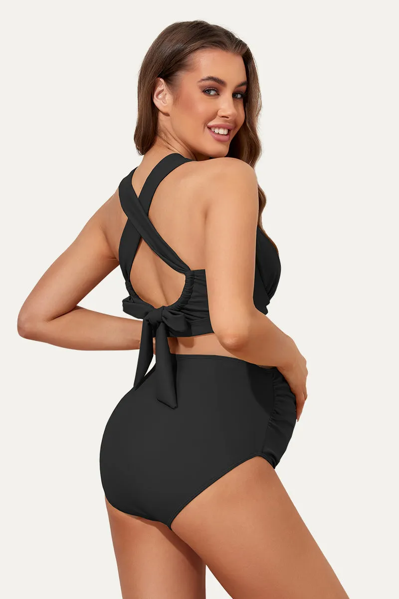 Two Piece Maternity Suit With Ruched Front And Criss-Cross Tie Back Black